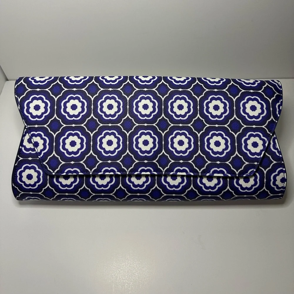 Trina Turk New Medallion Herringbone Blue & White Faux Envelope Leather Clutch